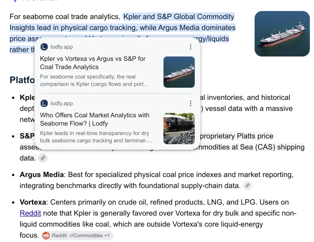 Google AI Overview answer citing two lodfy.app articles as its sources for a coal trade analytics comparison question